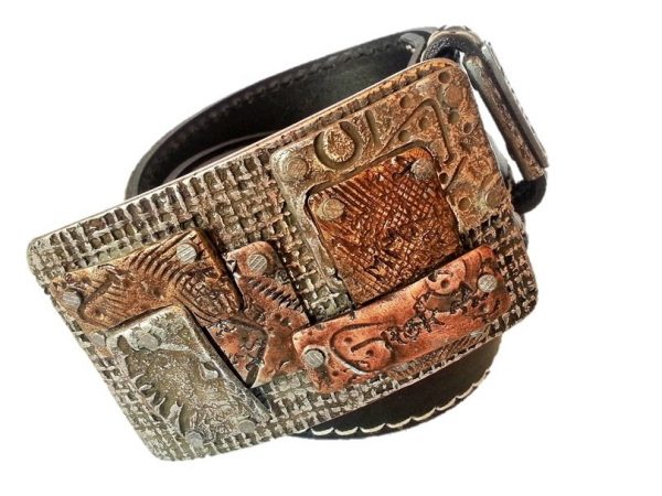 Black Leather Belt with Adjustable Slashed Buckle
